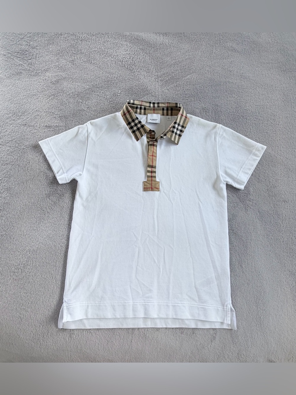 Burberry White Polo with Tan Plaid Collar T Shirt Size S